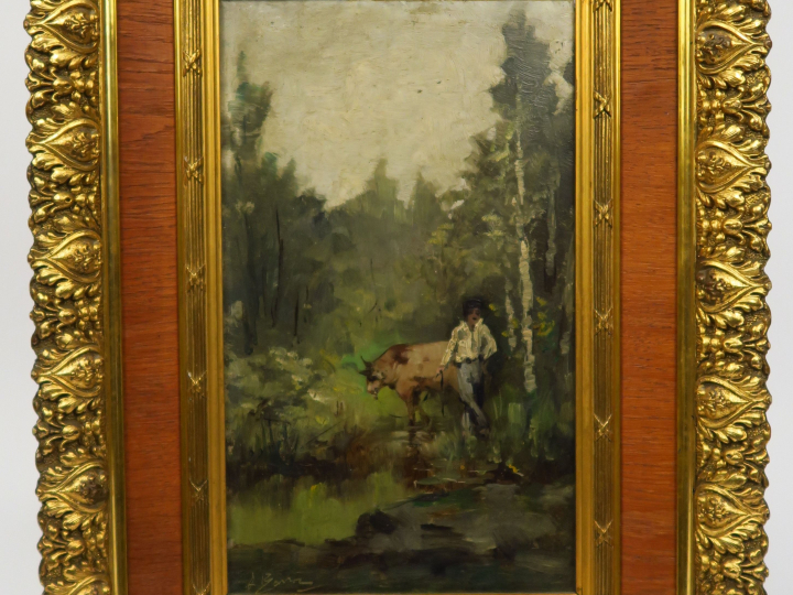 Ecole française XIXème "Le bouvier" Huile sur panneau. Signée en bas g