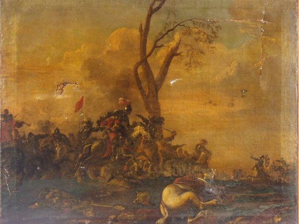 Ecole française XVIIème "Choc de cavalerie'. Huile sur toile. 65 x 80 