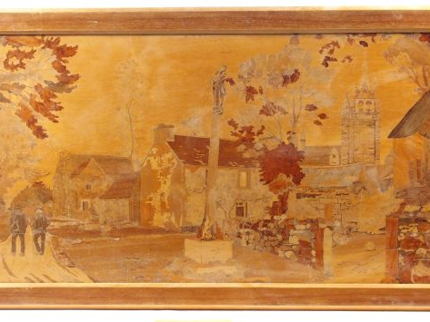 ROSANEAU. Tableau en marqueterie "Vue de village animé". 72 x 147 cm