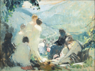 Vente aux enchères Jules Pierre HERVE "Le déjeuner sur l'herbe". Huile sur papier, signée