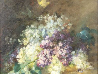 Vente aux enchères MALLIET "Jeté de lilas". Huile sur toile, signée en bas à droite. 41 x