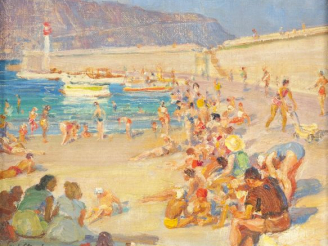 Vente aux enchères GIULA MEREZE "La plage à Toulon". Huile sur toile, signée en bas à gau