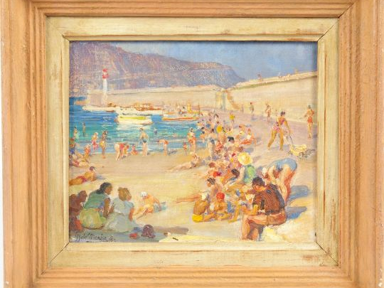GIULA MEREZE "La plage à Toulon". Huile sur toile, signée en bas à gau