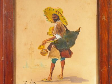 NERY 'Vendeur de cuivres marocain'. Aquarelle gouachée, signée en bas 