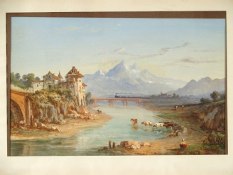 Vente aux enchères Paul PASCAL. "Paysage de montagne et bord de fleuve animé". Gouache, s