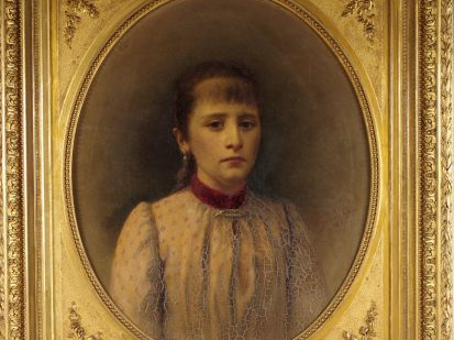 Ecole française XIXème "Portrait de jeune fille en médaillon". Huile s