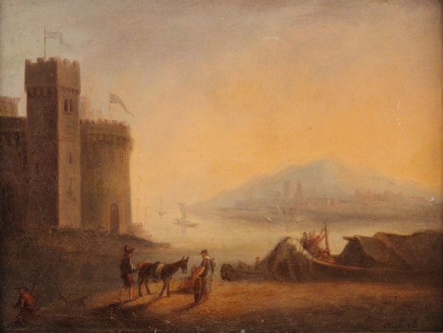 J. J AUBERT "Paysage maritime animé". Huile sur toile (rentoilée). Sig