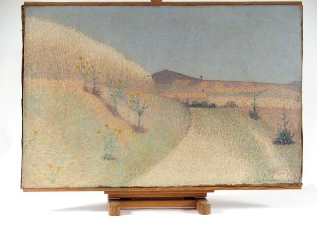 A. LAUGÉ. "Le chemin bordé de chardons". Huile sur toile, signée et da
