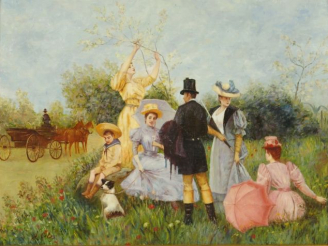 Vente aux enchères Ecole française 1900 "Un dimanche au parc". Huile sur panneau. 30 x 40