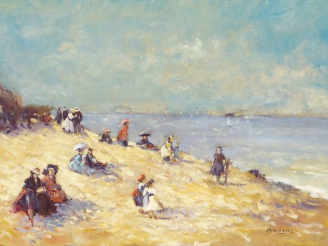 Vente aux enchères Ecole française "Sur la plage". Huile sur carton, signée en bas à droi