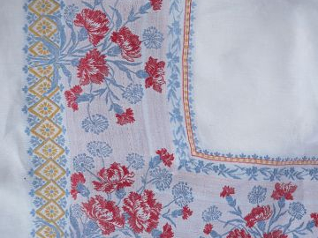 Nappe en lin, ourlet main, décor liteaux polychromes bleu,  rouge, saf