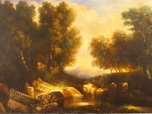Ecole française XVIIème "Paysage aux ruines" Huile sur toile, cadre d'