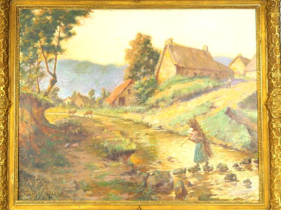 Paul de PLUMENT "Fermière traversant le gué" Huile sur toile, signée e