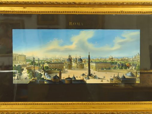Gouache italienne fin XIXe. 'Vue panoramique de Rome depuis les jardin