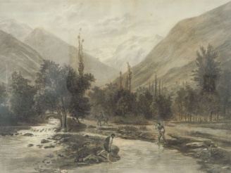 Vente aux enchères Ecole française XIXe. 'Paysage pyrénéen animé'. Dessin au crayon, sign