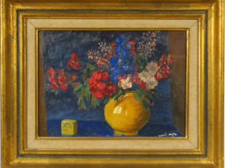 Vente aux enchères René ASPE. 'Nature morte au bouquet de fleurs'. Huile sur carton, sign