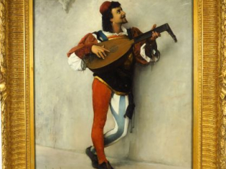 Vente aux enchères H. R. BESSEDE. 'Le joueur de luth'. Huile sur toile, signée en bas à g