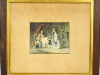 Vente aux enchères CHARLET. 'La visite'. Aquarelle, signée en bas à gauche et datée 1830.