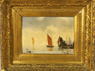 Vente aux enchères HUZNER. 'Marines'. Paire d'huiles sur panneau, signées.  Dim. : 15,5 x