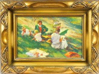 Vente aux enchères Ecole Française Xxe. 'Déjeuner sur l'herbe'. Huile sur carton.  Dim. :