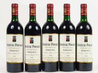 Vente aux enchères 5 BOUTEILLES CHÂTEAU POUGET GCC MARGAUX - 1988 - CBO - 1 BG/3 LB/1 HEP