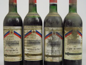Vente aux enchères 4 BOUTEILLES ESCHENAUER : 2 POMEROL 1969 MEP/EA/BS/CAPS AB - 1 POMEROL