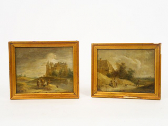 Vente aux enchères Ecole du Nord XVIIIème "Paysages animés" Paire d'huiles sur panneau (r