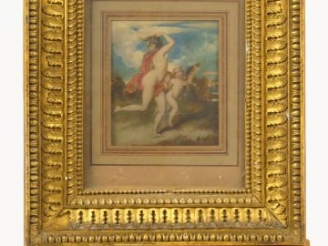 Vente aux enchères Ecole anglaise début XIXème "Allégorie" Huile sur papier. Porte au dos
