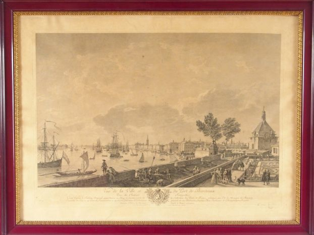 Grande gravure XIXème "Vue perspective de la place des Quinconces à Bo