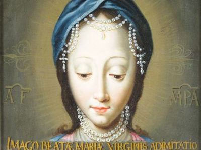 Ecole italienne "Vierge au visage paré de perles". Huile sur toile 42 
