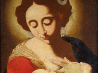 Vente aux enchères Ecole italienne XVIIIème "Vierge allaitante". Huile sur toile