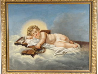 Vente aux enchères GAMELIN "Christ enfant dormant sur une croix". Huile sur toile, signée