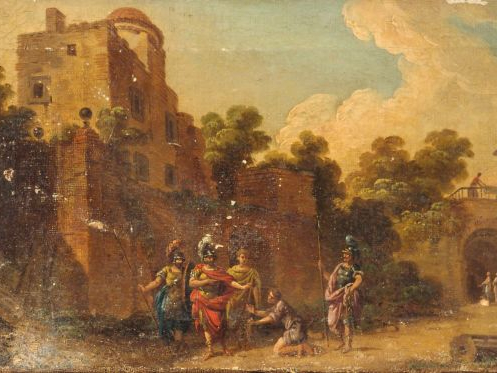 Ecole française XVIIIème "Soldats romains et mendiant" Huile sur toile