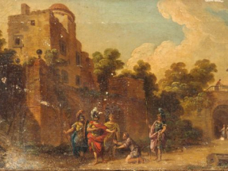 Vente aux enchères Ecole française XVIIIème "Soldats romains et mendiant" Huile sur toile