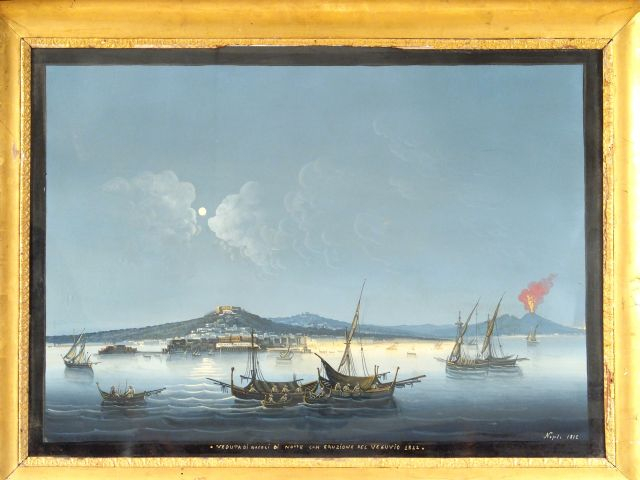 Gouache napolitaine "Vue nocturne de l'éruption du Vésuve en 1812" sit