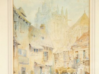 Vente aux enchères Ecole française XIXème "Jour de marché en Bretagne". Aquarelle, signée