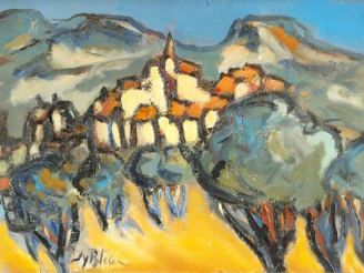 Vente aux enchères J. Y. BLECON "Village de Provence". Huile sur toile, signée en bas à d