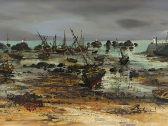 Vente aux enchères Maurice BUFFET "Le port à marée basse". Huile sur toile, signée en bas