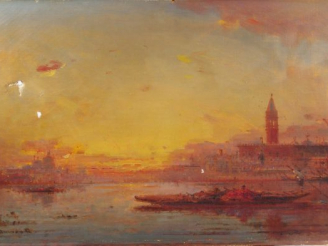 Vente aux enchères DUVIEUX "Venise au crépuscule". Huile sur toile, signée en bas à gauch