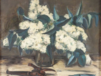 Vente aux enchères E. MAHE "Bouquet de lilas". Huile sur toile, signée à droite. 38 x 46 