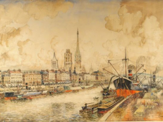 Vente aux enchères Frank WILL. "Le port de Rouen et la cathédrale". Aquarelle, signée en 