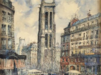 Vente aux enchères Frank WILL. "Paris, la Tour Saint Jacques". Aquarelle, signée en bas à