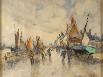 Vente aux enchères Frank WILL. "Les quais animés". Aquarelle, signée en bas à droite. 40 