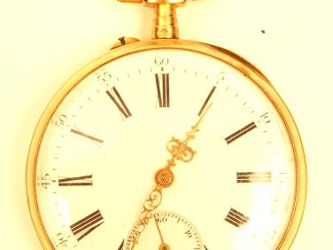 Montre de gousset en or jaune, cadran émail, chiffres romains, trotteu