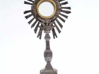 Vente aux enchères Ostensoir de style Baroque en bronze argenté et vitre ronde encadrée d