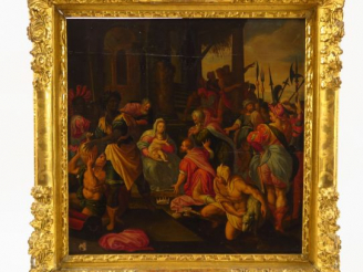 Vente aux enchères Ecole XVIIème "L'adoration des mages" Huile sur panneau 57 x 57 cm (ac