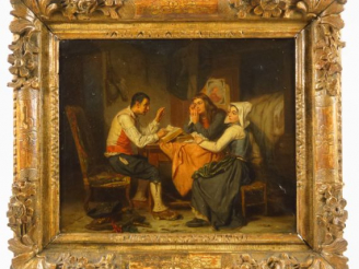 Vente aux enchères Ecole française XIXème "La leçon" Huile sur toile  38 x 46 cm dans un 