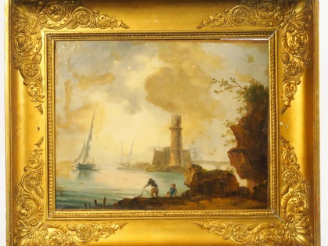 Vente aux enchères Ecole française XIXème "Marine" Paire d'huiles sur toile dans leur cad