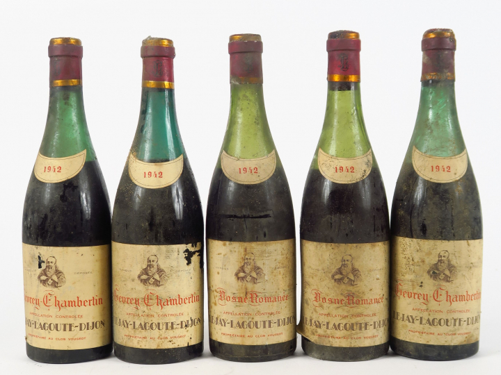 5 BOUTEILLES GEVREY CHAMBERTIN LEJAY LAGOUTE - 1942 - 7 à 9 CM/BS/ES/3