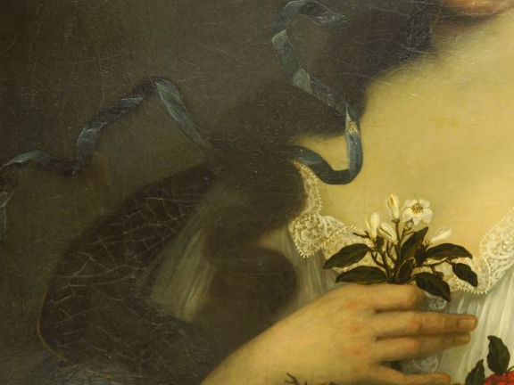 Ecole italienne vers 1700 "Portrait de femme portant une corbeille de 